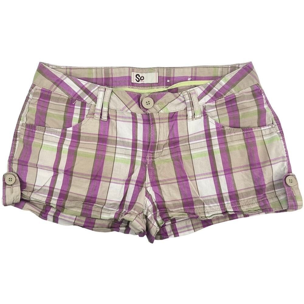 VTG y2k Women's Low Rise Purple Tan Green Plaid SO Mini Micro Cheeky Shorts Sz 7